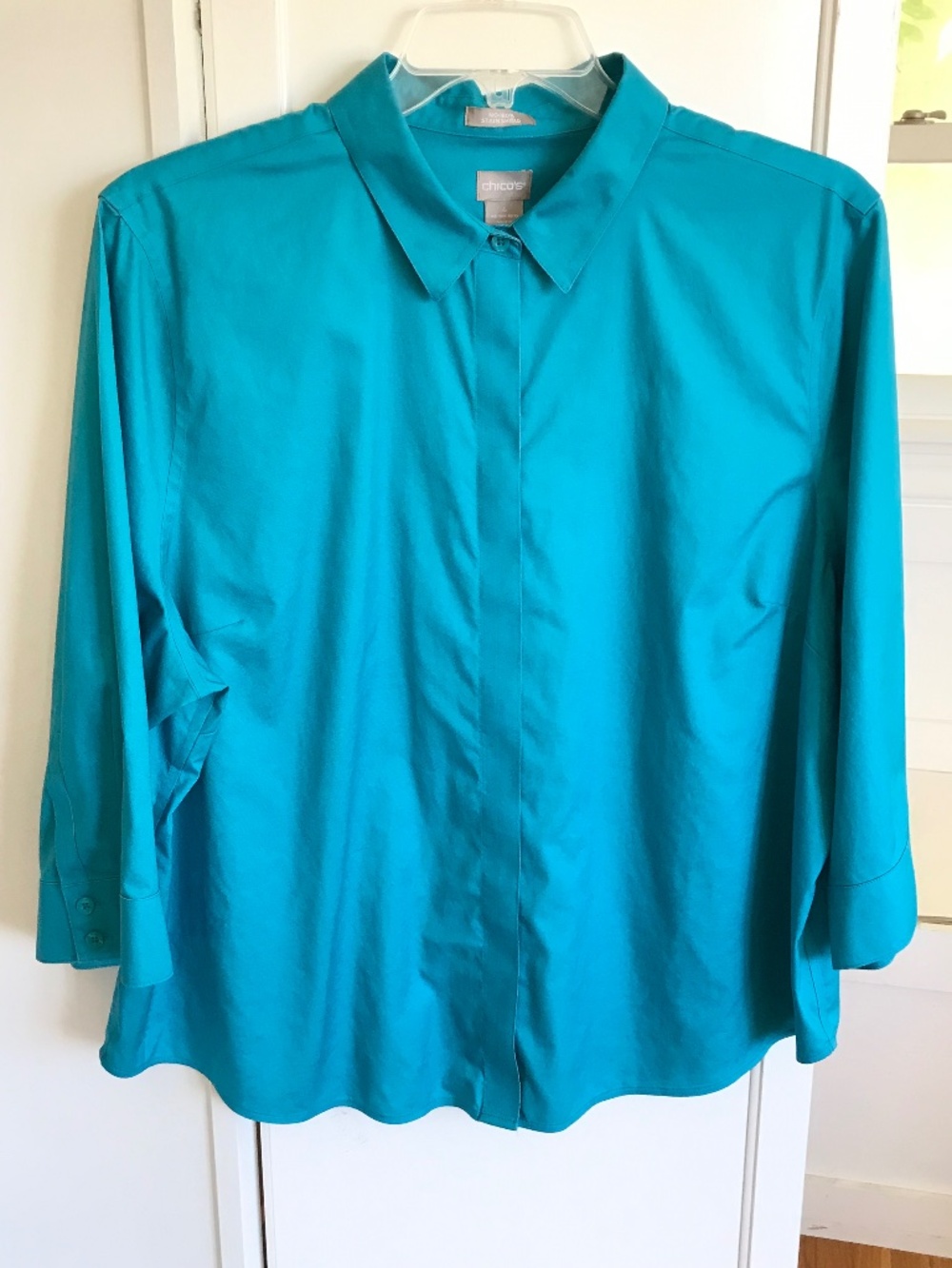 CHICO’S Cotton No-Iron Blouse Button Down 3/4 Sleeves Blue Size 20-22 - 2X